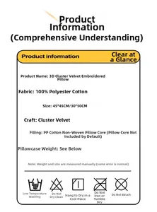 Detailed specifications for tufted embroidered pillow cover with size and material info