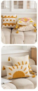 Close-up of tufted geometric patterns and tassels on bohemian style cushion covers