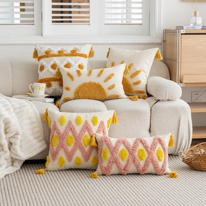 Boho tufted throw pillow covers set with yellow geometric embroidery and fringes