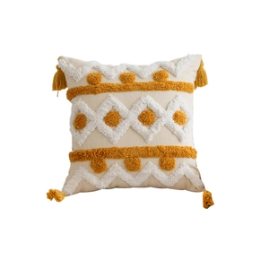 Boho tufted throw pillow cover with yellow tassels and geometric patterns for sofa decor
