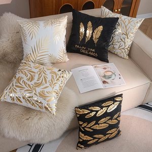 Luxus Bronze Kissenbezug Polyester Kurzplüsch Goldgeprägt Blatt Feder Dekorative Kissenhülle Für Sofa Wohnzimmer Heimdekor Vintage Stil