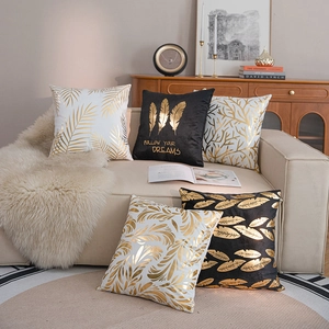 5er-Set luxuriöse Kissenbezüge mit Goldfolienblättern für Sofas aus weichem Plüsch