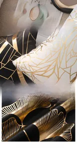 Detail of gold foil ginkgo leaves and geometric lines on plush black and white cushion covers