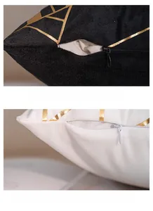 Macro shot of matching hidden zipper on gold geometric pattern plush pillow cover