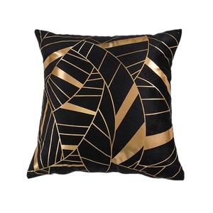 Modern black plush pillow case with gold leaf geometric lines and luxury velvet finish