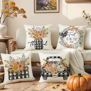Set van 4 herfstkussenhoezen met pompoenen, zonnebloemen en decoratieve teksten