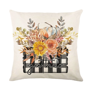 Herfst Thanksgiving kussenhoes met pompoenen, zonnebloemen en gather tekst op ruitpatroon