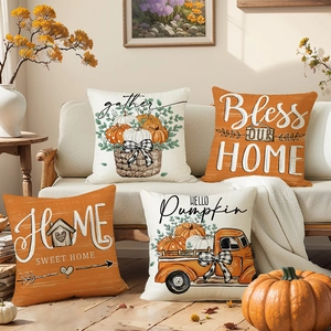 Decorative fall harvest pillow covers set with pumpkin and vintage truck prints