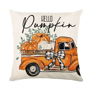 Hello Pumpkin decorative pillow cover featuring a vintage orange truck and autumn harvest design
