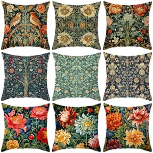 Vintage Floral Pattern Square Throw Pillow Cover Peach Skin Polyester Cushion Case For Sofa Home Decor Classical Art Print