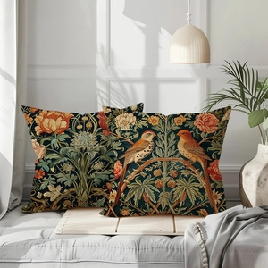 European vintage floral pillow covers with William Morris style birds and flowers set of 2
