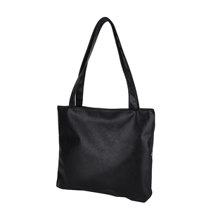 Minimalist black PU leather tote bag with long shoulder straps and zipper closure