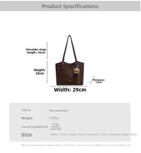 Detailed dimensions of the brown faux suede tote bag featuring a cute bear keychain