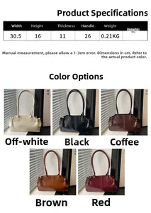 Size guide for large PU tote bag showing dimensions and five available color options