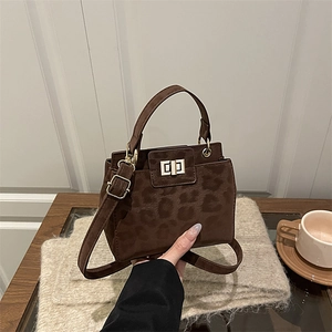 Leopard Print Women Shoulder Bag Vintage Turn-lock Top Handle Crossbody Handbag Frosted PU Leather Fashion Chic Retro