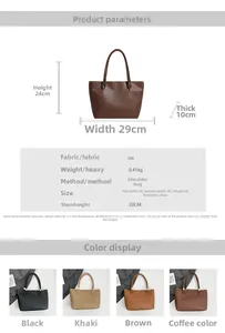 Size chart showing large capacity vintage oil wax PU leather tote bag dimensions