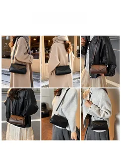 Detail shots of minimalist envelope crossbody bags in black and brown worn by a model