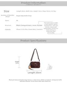 Size chart for brown PU leather crossbody bag showing dimensions 20x5x12cm and capacity