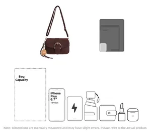 Brown suede crossbody bag detail showing internal storage capacity for essentials