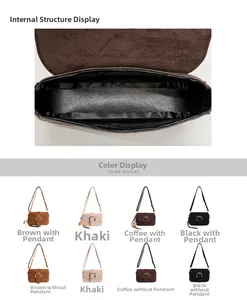 Detail view of suede shoulder bag interior and color options in brown, khaki, and black