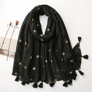Women Scarf Shawl Cotton Linen Feel Polyester Gold Tiger Head Print With Tassels Retro Elegant Wraps