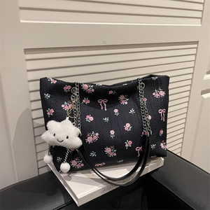 Women Floral Bowknot Tote Bag Textured Fabric Large Capacity Shoulder Bag With Metal Chain Strap And Optional Cloud Pendant