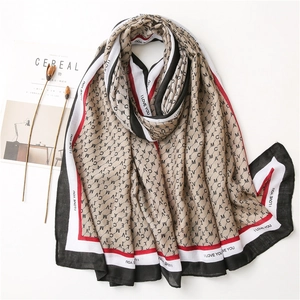 Écharpe Longue Femme Polyester Sensation Coton Imprimé Lettres I Love You Bordure Contrastée Châle Léger Doux Quotidien