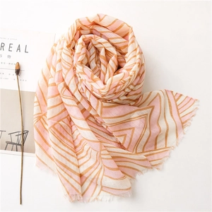 Pink and brown geometric cotton linen scarf for women with elegant tassel edges