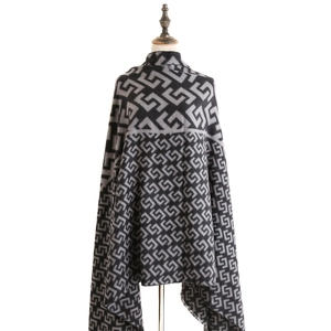 Retro geometric maze pattern reversible cashmere shawl and wrap for women in black grey