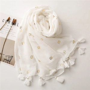 Elegant white cotton linen scarf with gold foil tiger pattern and fringe accents