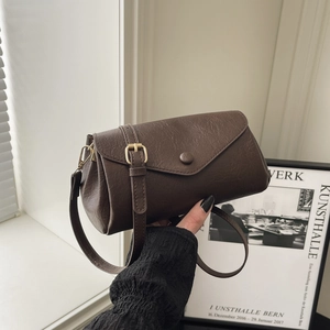 Deep brown vintage square crossbody bag featuring refined faux leather texture and round buckle