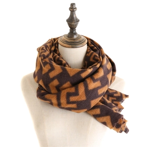 Classic brown maze pattern cashmere-like scarf shawl with fringe details on white background