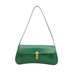 Green patent leather underarm bag with gold lock closure in a classic rectangle shape