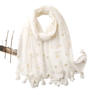 Beige cotton linen scarf with gold tiger head print and decorative fringe tassels