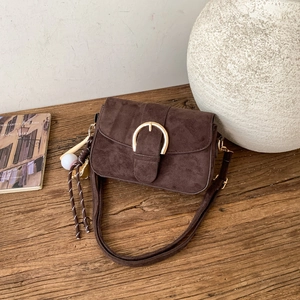 Women Retro Suede Crossbody Bag Minimalist Frosted Shoulder Underarm Bag With Gold Round Buckle And Baseball Pendant