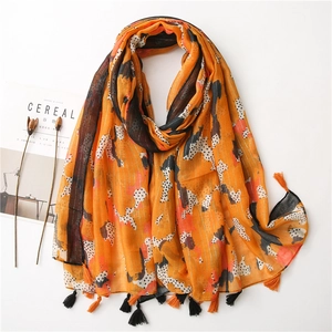 Women Long Scarf Shawl Polyester Gold Metallic Thread Abstract Print Tassel Fringe Fashion Wrap Lightweight