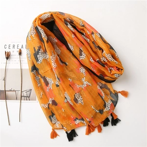 Fashionable orange cotton linen scarf with camo dot prints and contrast tassels for women