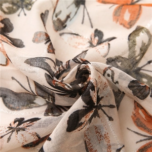 Lightweight cotton linen scarf with silver butterfly print and metallic threads