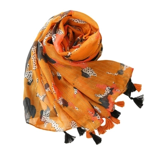 Orange leopard print scarf with gold metallic thread and fringe tassels for women
