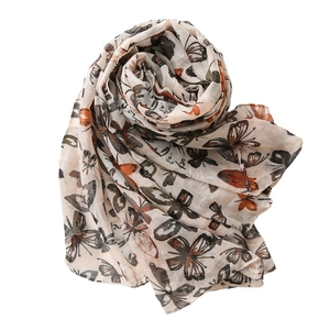 Beige cotton linen scarf with vintage silver butterfly print for women's all-season wear