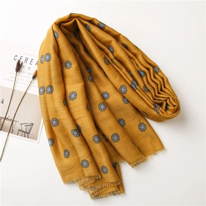 Bohemian mustard yellow cotton linen scarf with blue floral prints and fringe edges