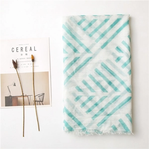 Blue geometric pattern cotton linen scarf for women with soft tassel edges