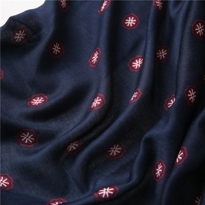 Bohemian navy blue cotton linen scarf with red and white floral patterns