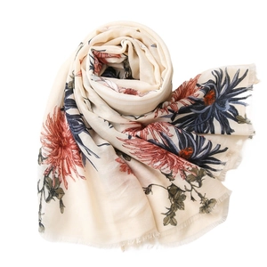 Elegant cream cotton linen scarf with vintage large flower prints and soft fringe edges