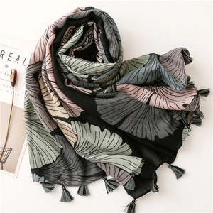 Elegant cotton linen scarf with vintage ginkgo leaf print and tassel edges for women