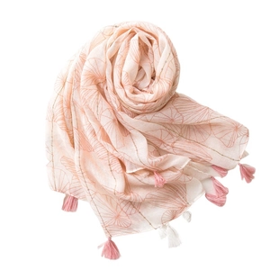 Sciarpa in cotone e lino rosa con stampa floreale, paillettes e nappe da donna