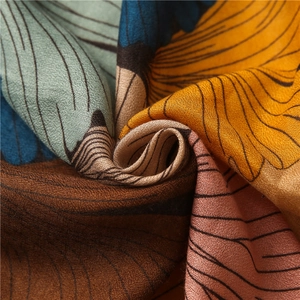 Detailed macro shot of vintage gingko leaf pattern on colorful linen-feel fabric scarf