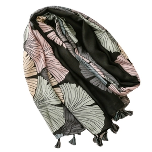 Retro black linen scarf with colorful ginkgo leaf print and decorative tassels