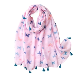 Butterfly Print Scarf For Women Long Shawl Cotton Linen Feel Tassel Fringe Lightweight Breathable Sun Protection Travel