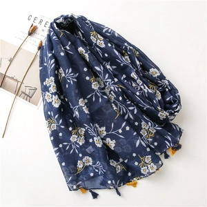 Bohemian paisley linen scarf in navy blue with floral print and tassel edges